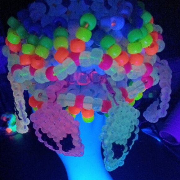 Rainbow Glow-n-Dark Alien Faces Rotating Around Rainbow UFO Cuff EDM Handmade - Picture 4 of 7